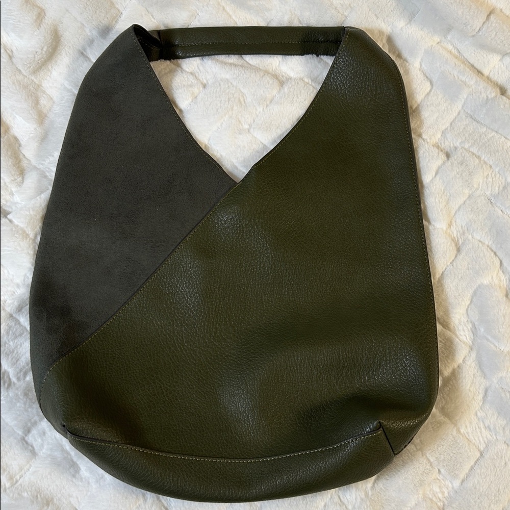Olive Green Leather And Suede Hobo Tote Bag - Picture 3 of 10